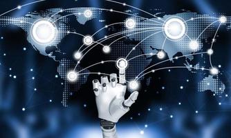 AI robots use hand-touch connections system and global data exchange. , Business network connection concept. hologram screen displaying modern web system Wireless connection futuristic concept photo