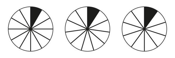 Segmented charts collection. Many number of sectors divide the circle on equal parts. Outline black thin vector graphics. Pie charts set.