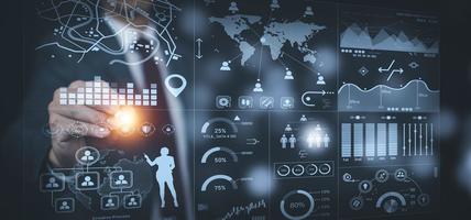 Working Data Analytics and Data Management Systems and Metrics connected to corporate strategy database for Finance, Intelligence,  Business Analytics with Key Performance Indicators, social network photo