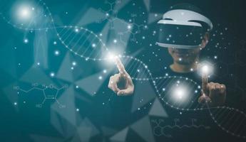 Businessman touch presenting DNA molecule research on the white background concept, Creation technologies for connection Mixed media,blurred background using digital network connection 3D rendering photo