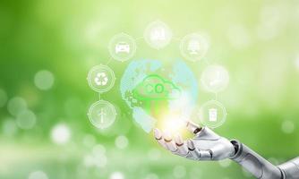 3D rendering robots with recycle symbols with virtual modern reduce CO2 emission concept with icons, global warming emissions carbon footprint climate change to limit global warming, energy photo