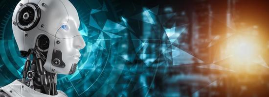 Cyborg heads use artificial intelligence to create a digital interface to render a 3D city bokeh background., Internet connection controlled by AI robot humanoid, connectivity and cyber security, photo