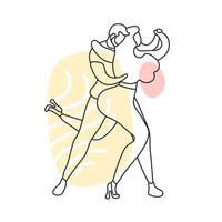 A beautiful couple are moving. Lovers dance bachata, salsa. Gentle line art with spots. Minimalism vector