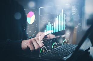 Working Data Analytics and Data Management Systems and Metrics connected to corporate strategy database for Finance, Intelligence,  Business Analytics with Key Performance Indicators, social network photo