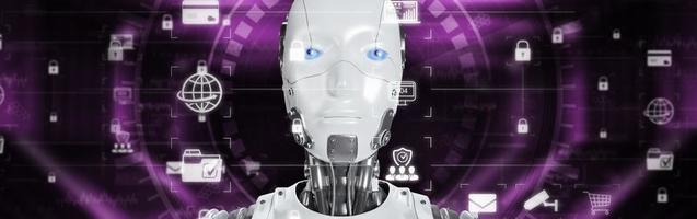 Robot working with digital display, Internet connection controlled by AI robot humanoid and machine learning process to analyze data connectivity and cyber security, Illustration of robot 3D photo