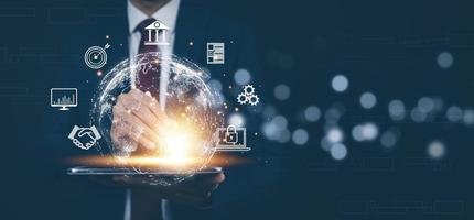 virtual Global Internet connection metaverse concept, Businessman using mobile smartphone, global internet connection application technology and digital marketing, Financial and banking,tech big data. photo