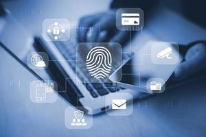 Cyber security password login online concept Hands typing and entering username and password of social media, log in with smartphone to an online bank account, data protection from hacker photo