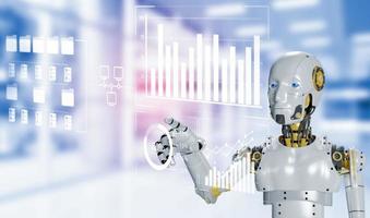 Robot working with digital display, Internet connection controlled by AI robot humanoid and machine learning process to analyze data connectivity and cyber security, Illustration of robot 3D photo