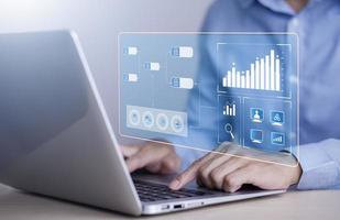 Working Data Analytics and Data Management Systems and Metrics connected to corporate strategy database for Finance, Intelligence,  Business Analytics with Key Performance Indicators, social network photo