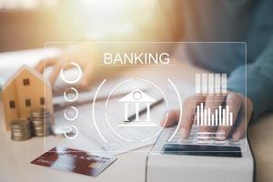 Online Banking apps, business people using finance and banking on the internet, and Commercial e-commerce technology. Digital online payment and shopping on the network connection. photo