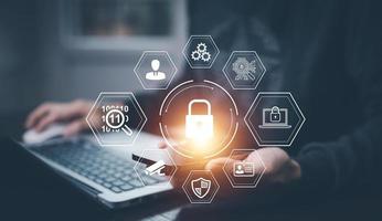 Cyber security key password login online concept Hands typing and entering username and password of social media, log in with smartphone to an online bank account, data protection from hacker photo