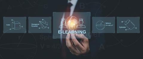 Light bulb with E-learning education with Online Courses e-learning concept, Learning workshop learn to think internet training knowledge technology, online learning with webinars, video tutorials photo