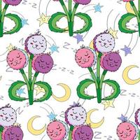 Sleeping fluffy flowers on the background of the moon and stars. Vector seamless pattern.