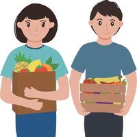 Portrait of woman and man holding grocery bags and baskets filled with vegetables and fruits illustration vector