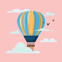 Banner with a yellow and blue hot air balloon with a pink sunset on the backgrounds. vector