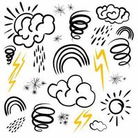 doodle weather white on black background. Contains sign of the sun, clouds, snowflakes, wind, rain, moon, lightning and more isolated on white background. vector