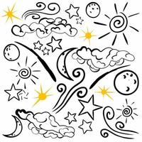 Hand Drawn vector elements moon, stars, clouds. Illustrations in sketch style. Perfect for prints, postcards, posters etc