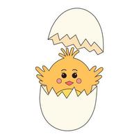 Cute fluffy chicken baby in cracked egg. Easter chick. Groovy retro character. vector