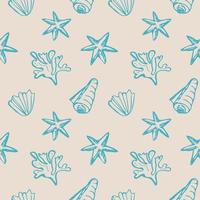 Delicate seamless repeating pattern with seashells on a beige background, marine motif. Hand drawn sea shells in pattern for design, textile,web, wrapping paper and packaging design.Travel and leisure vector