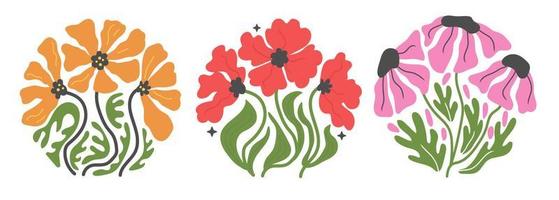Groovy abstract flower set. Organic circle shapes in trendy naive retro hippie 60s 70s style. vector