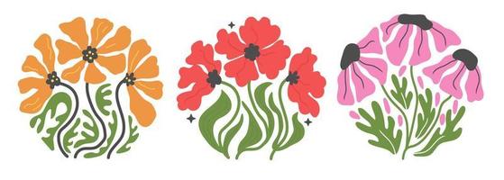 Groovy abstract flower set. Organic circle shapes in trendy naive retro hippie 60s 70s style. vector