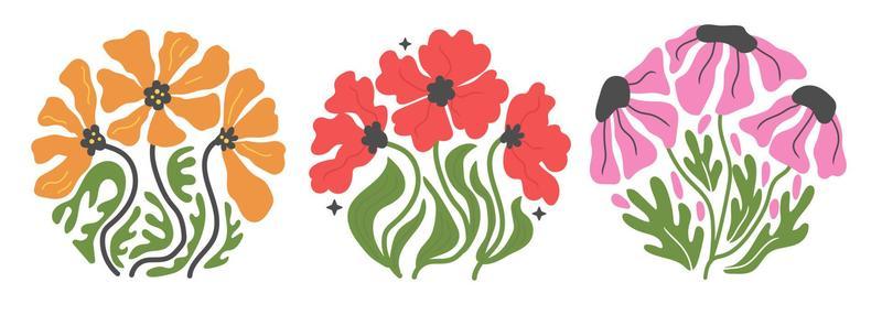 Groovy abstract flower set. Organic circle shapes in trendy naive retro hippie 60s 70s style.