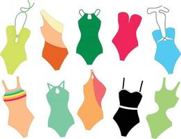 Set of 10 colorful one piece swimsuit flat vector. Collection of different style swimsuit for hot summer holiday. Swimwear for women and girls. vector