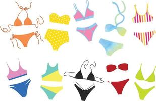 Set of 10 colorful bikini flat vector. Collection of different style bikini for hot summer holiday. Swimwear for women and girls. vector