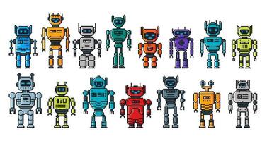 Pixel robot characters, 8 bit cartoon androids vector