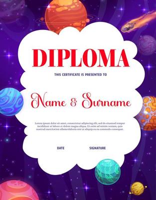 Kids diploma galaxy space planets and stars frame