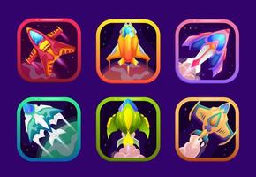 Space game app icons, UI frames and cartoon GUI vector