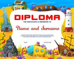 Kids diploma, cartoon underwater landscape, ships vector