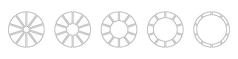 Wheels round divided in ten sections. Diagrams infographic set. Circle section graph line art. Pie chart icons. Outline donut charts or pies segmented on 10 equal parts. Geometric vector element.