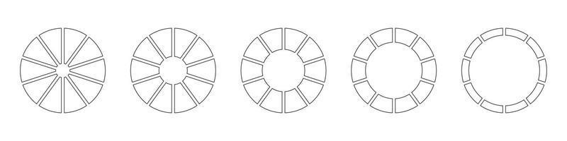 Wheels round divided in ten sections. Diagrams infographic set. Circle section graph line art. Pie chart icons. Outline donut charts or pies segmented on 10 equal parts. Geometric vector element.