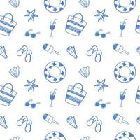 Nautical seamless repeat pattern with seashells and beach accessories, marine motif. Hand drawn for design, textile, web, wrapping paper and package design. Travel and leisure background. Vector