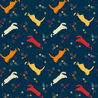 Seamless pattern with yellow, orange, red silhouettes of cats, mouse, contour cat footprint, scratches on blue background. Active cats jump, catch. Vector image in contrasting colors.