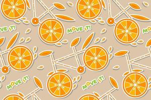 Seamless pattern with stickers of orange slices, bicycles with orange wheels and text. Concept of healthy, active lifestyle. vector
