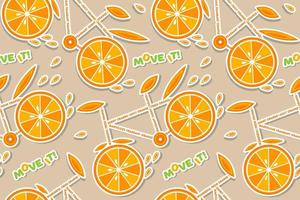 Seamless pattern with stickers of orange slices, bicycles with orange wheels and text. Concept of healthy, active lifestyle. vector