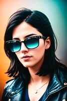 Portrait of a beautiful young woman in leather jacket and sunglasses. . photo