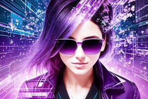 Portrait of a beautiful young woman in purple leather jacket and sunglasses. . photo