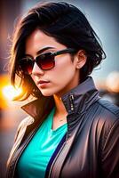 Fashionable brunette girl in sunglasses and a leather jacket posing outdoor. . photo