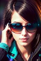 Moda Disparo de un hermosa joven mujer en Gafas de sol. exterior. generativo ai. foto