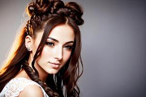 Fashion portrait of beautiful woman with braid hairdo. . photo