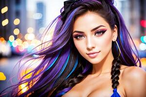 retrato de un hermosa joven mujer con púrpura pelo y brillante constituir. generativo ai. foto