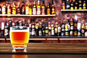 Beer in a glass mug with blur bar background, photo