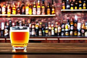 Beer in a glass mug with blur bar background, photo