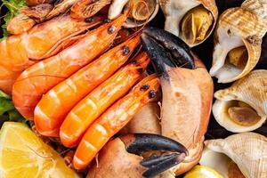 seafood plate assorted shrimps, crab claws, clams, rapan, trumpeter mollusk meal food snack on the table copy space food background rustic top view photo