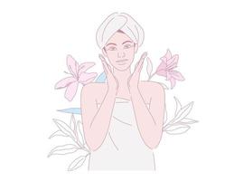 mujer a hogar con un toalla en su haciendo maquillaje orgánico cosmético, con hojas y flor, belleza cuerpo cuidado concepto. vector diseño ilustración.