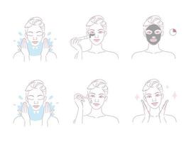Beautiful young woman take skin care about her face procedure at home, Linear logo minimalist style. Beauty body care concept. Vector design illustration.