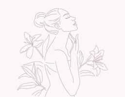 Beautiful young woman in towel doing skin care on neck area, with flowers and leaves plants background, Linear logo minimalist style, vector